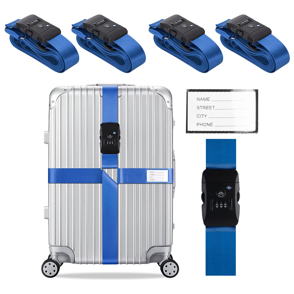 Veki Kreuz Gepäckgurte Kofferband Gurt TSA-Genehmigt mit Schloss Verstellbare Reisekoffergurte Koffergurt mit Namensausweis Packgurte für Koffer (Blau*4-Stück) von Veki