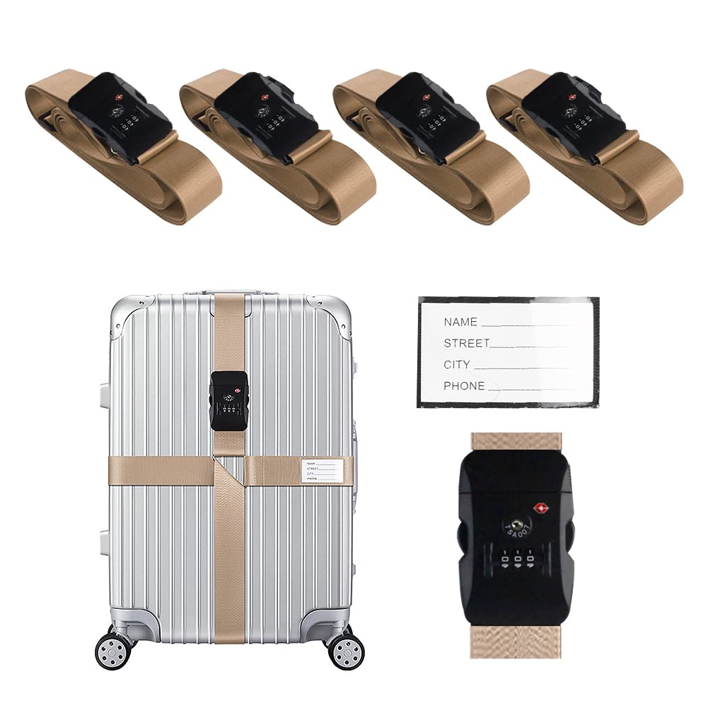 Veki Kreuz Gepäckgurte Kofferband Gurt TSA-Genehmigt mit Schloss Verstellbare Reisekoffergurte Koffergurt mit Namensausweis Packgurte für Koffer (Khaki*4-Stück) von Veki