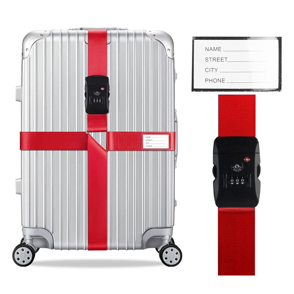 Veki Kreuz Gepäckgurte Kofferband Gurt TSA-Genehmigt mit Schloss Verstellbare Reisekoffergurte Koffergurt mit Namensausweis Packgurte für Koffer (Rot*1-Stück) von Veki