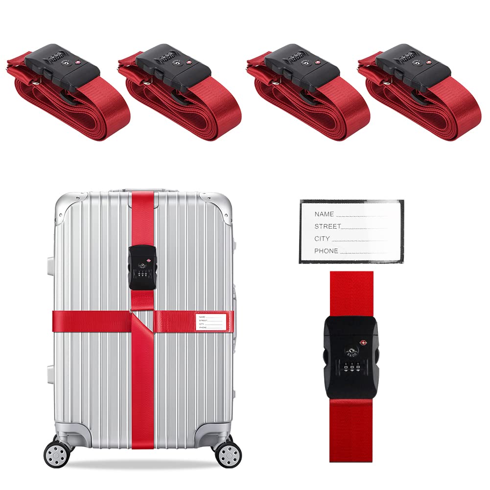 Veki Kreuz Gepäckgurte Kofferband Gurt TSA-Genehmigt mit Schloss Verstellbare Reisekoffergurte Koffergurt mit Namensausweis Packgurte für Koffer (Rot*4-Stück) von Veki