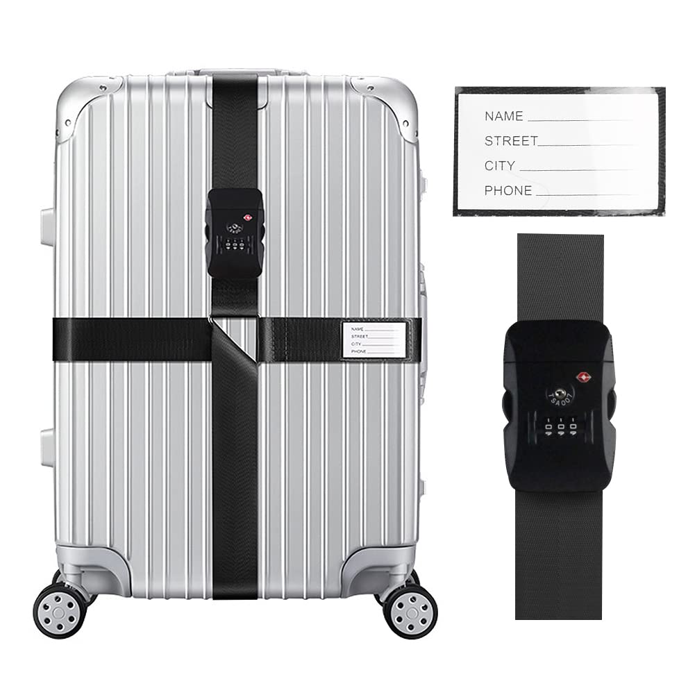 Veki Kreuz Gepäckgurte Kofferband Gurt TSA-Genehmigt mit Schloss Verstellbare Reisekoffergurte Koffergurt mit Namensausweis Packgurte für Koffer (Schwarz*1-Stück) von Veki