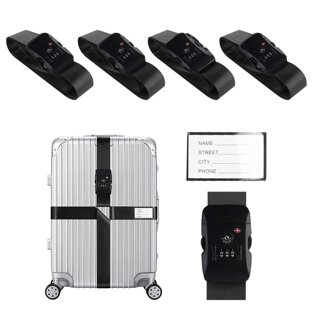 Veki Kreuz Gepäckgurte Kofferband Gurt TSA-Genehmigt mit Schloss Verstellbare Reisekoffergurte Koffergurt mit Namensausweis Packgurte für Koffer (Schwarz*4-Stück) von Veki