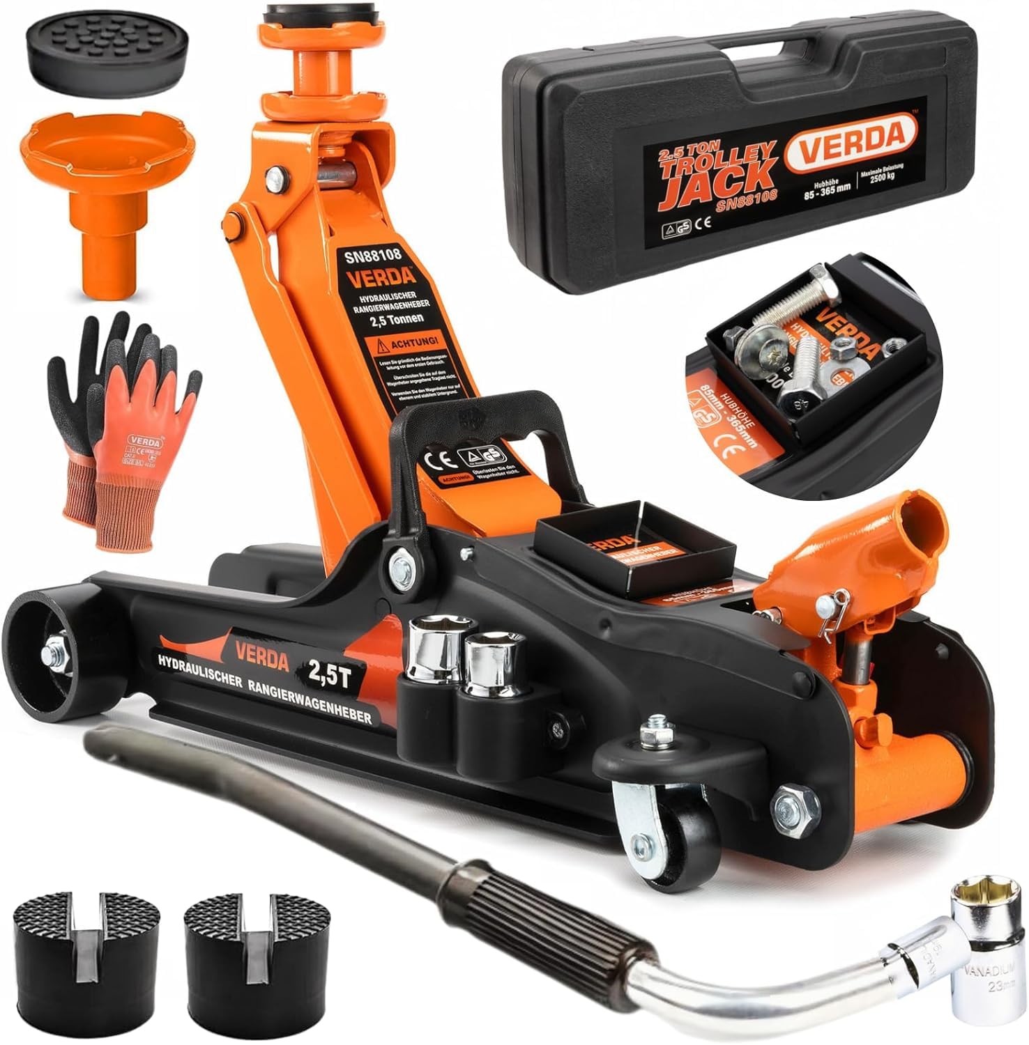 Verda Hydraulischer Wagenheber 2,5T, 85-365mm + Gummiauflage + Koffer + Montagehandschuhe + Schlüssel Magnetische Werkzeugschale, Rangierwagenheber, Autoheber, PKW, Profi(Wagenheber 2,5T + Schlüssel) von Verda