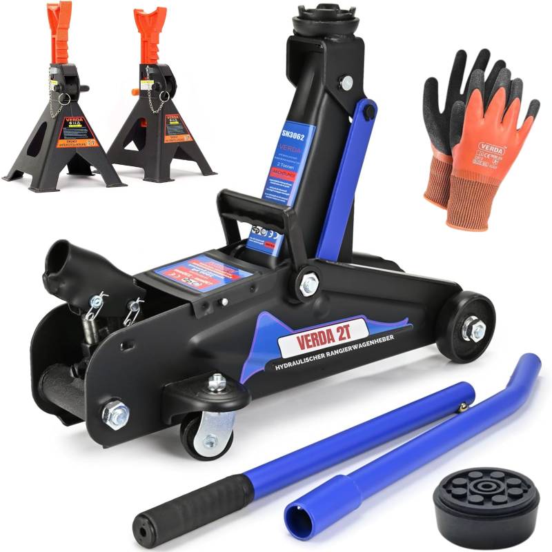 Hydraulischer Wagenheber 2T + Gummiuaflage + Handschuhe Hydraulischer Rangierwagenheber Heber Geländewagen, SUV, Jeep Wohnmobil Auto Heber Profi (Wagenheber 2T SN3062 + 2X Bock mit Sicherung) von Verda