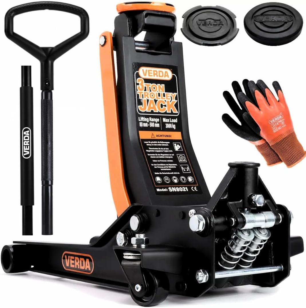 Wagenheber 3T, 75-505 mm + 2X Gummiauflage + Montagehandschuhe D-Griff Extra Flacher Rangierwagenheber mit Doppelkolben Doppelpumpsystem und Fußschnellhub Fußpedal Auto Heber Unterstellbock von Verda