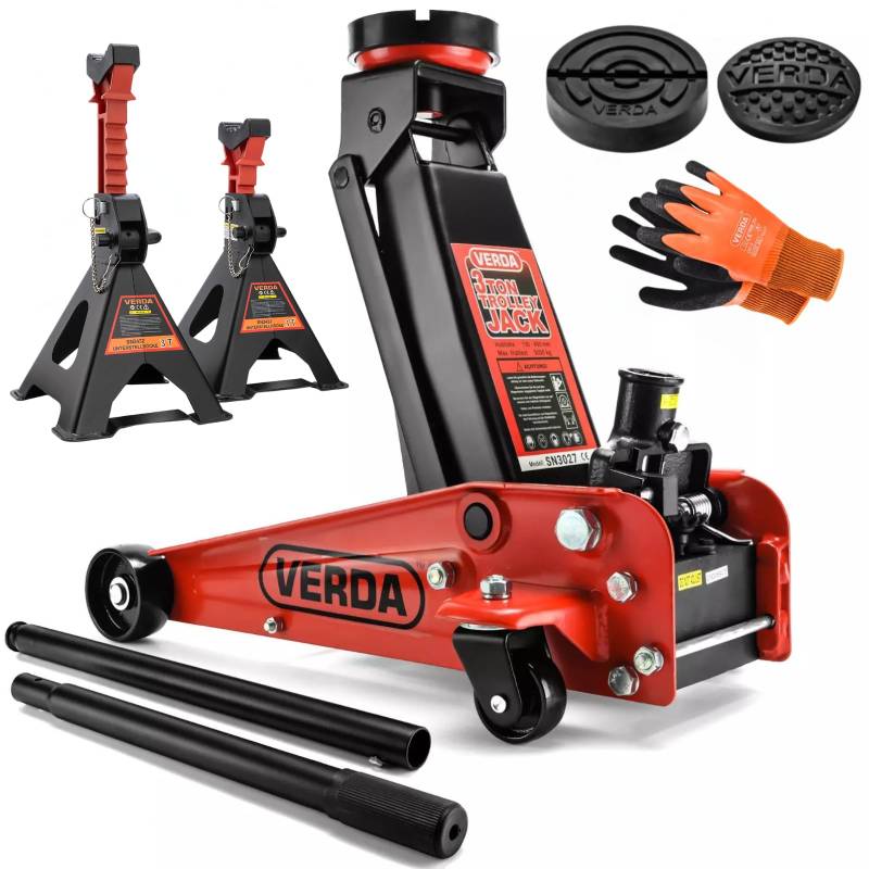 Wagenheber 3T, 130-490mm + 2X Gummi + Handschuhe Rangierwagenheber, Profi, Tief, Doppelpumpsystem, Heber, Werkstatt, Wohnmobil, Geländewagen PKW (Wagenheber 3T +2X Unterstellbock Sicherung Gummi) von Verda