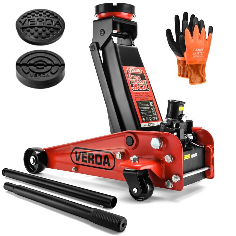 Verda Hydraulischer Wagenheber 3T, 130-490mm + 2X Gummi + Montagehandschuhe Heber Rangierwagenheber PKW, Profi, Auto, Wohnmobil, Geländewagen (SN3027) von Verda