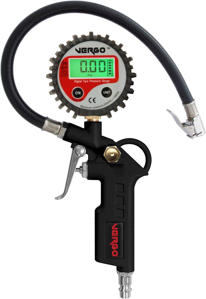 VERGO Digitales Reifenfüllgerät - Heavy Duty - 2,5 Zoll Durchmesser Kopf - 3 in 1 Multifunktionsmessgerät - 0-14 Bar/ 0-200 PSI von Vergo