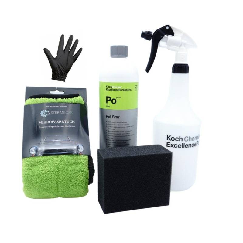 Veteranicar Koch Chemie Pol Star Textil-, Leder- & Alcantarareiniger 1L Set (Sprühflasche + Tuch + Handschuhe + Schwamm) von Veteranicar