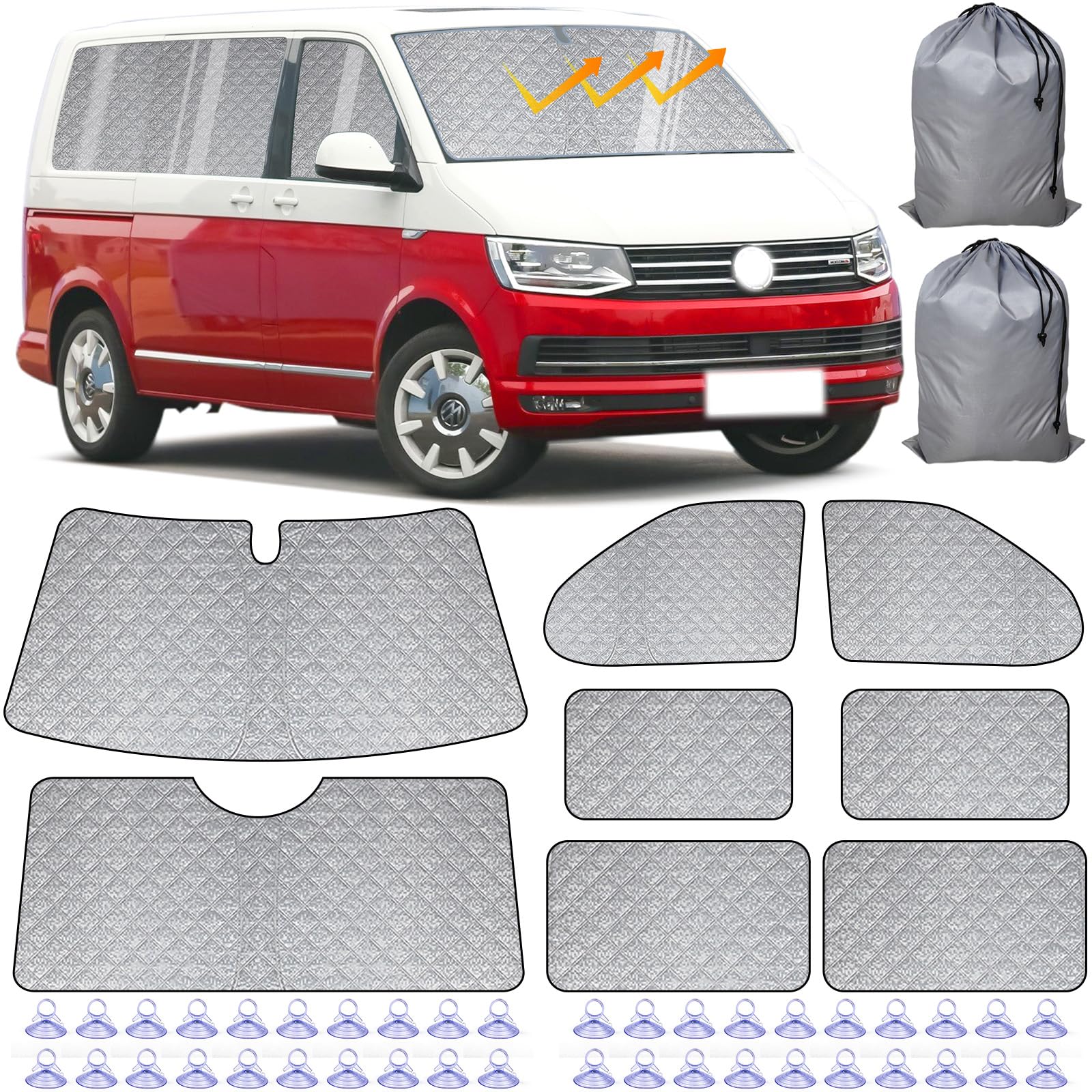 VexNook Innen Thermomatte Fahrerhaus Passend für VW T5/T6 SWB (Kurzer Radstand) - 8-teiliges Set, Mehrschichtiger,Reißfester Sonnenschutz, Einfache Montage, Vielseitig Nutzbar, Mit Aufbewahrungstasche von VexNook