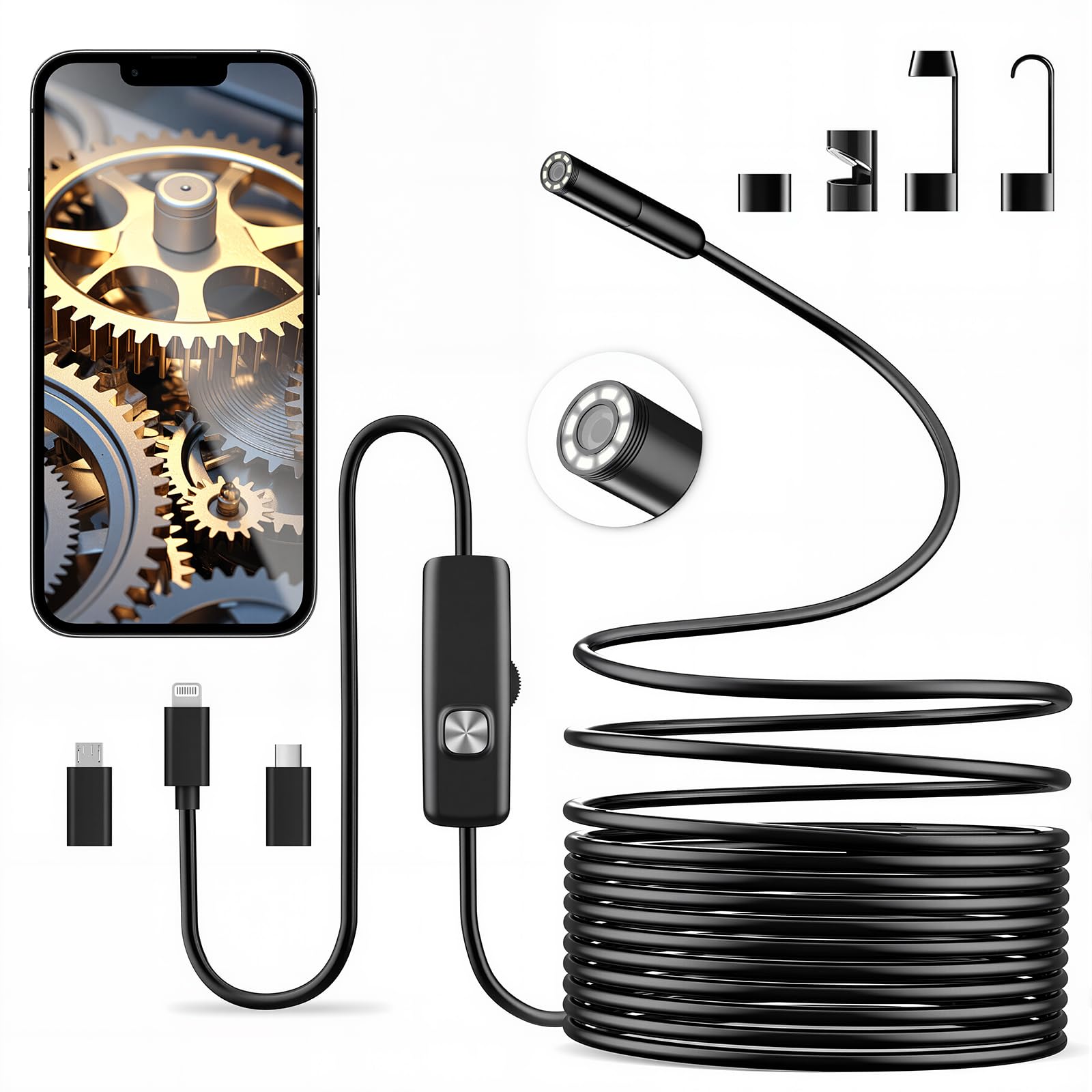 Vexloria Endoskopkamera mit Licht, 1920P HD Endoskop mit 8 LED Licht, Ip68 wasserdichte Kein WLAN Erforderlich Inspektionskamera, Endoskop-Kamera Handy für Android, iOS & Tablet, Halbstarrem Vexloria Endoskopkamera mit Licht, 1920P HD Endoskop mit 8 LED Licht, Ip68 wasserdichte Kein WLAN Erforderlich Inspektionskamera, Endoskop-Kamera Handy für Android, iOS & Tablet, Halbstarrem von Vexloria
