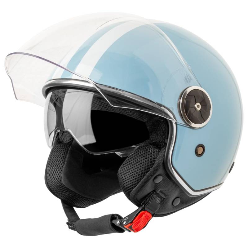 VINZ Arenas Jethelm mit Doppelvisier | Roller Helm mit Streifen & mit Sonnenblende | In Gr. XS-XXL | ECE 22.06 Zertifiziert | Motorradhelm mit Visier | Viele Farben Erhältlich - Hellblau von Vinz