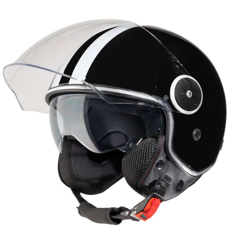 VINZ Arenas Jethelm mit Doppelvisier | Roller Helm mit Streifen & mit Sonnenblende | In Gr. XS-XXL | ECE 22.06 Zertifiziert | Motorradhelm mit Visier | Viele Farben Erhältlich - Schwarz von Vinz