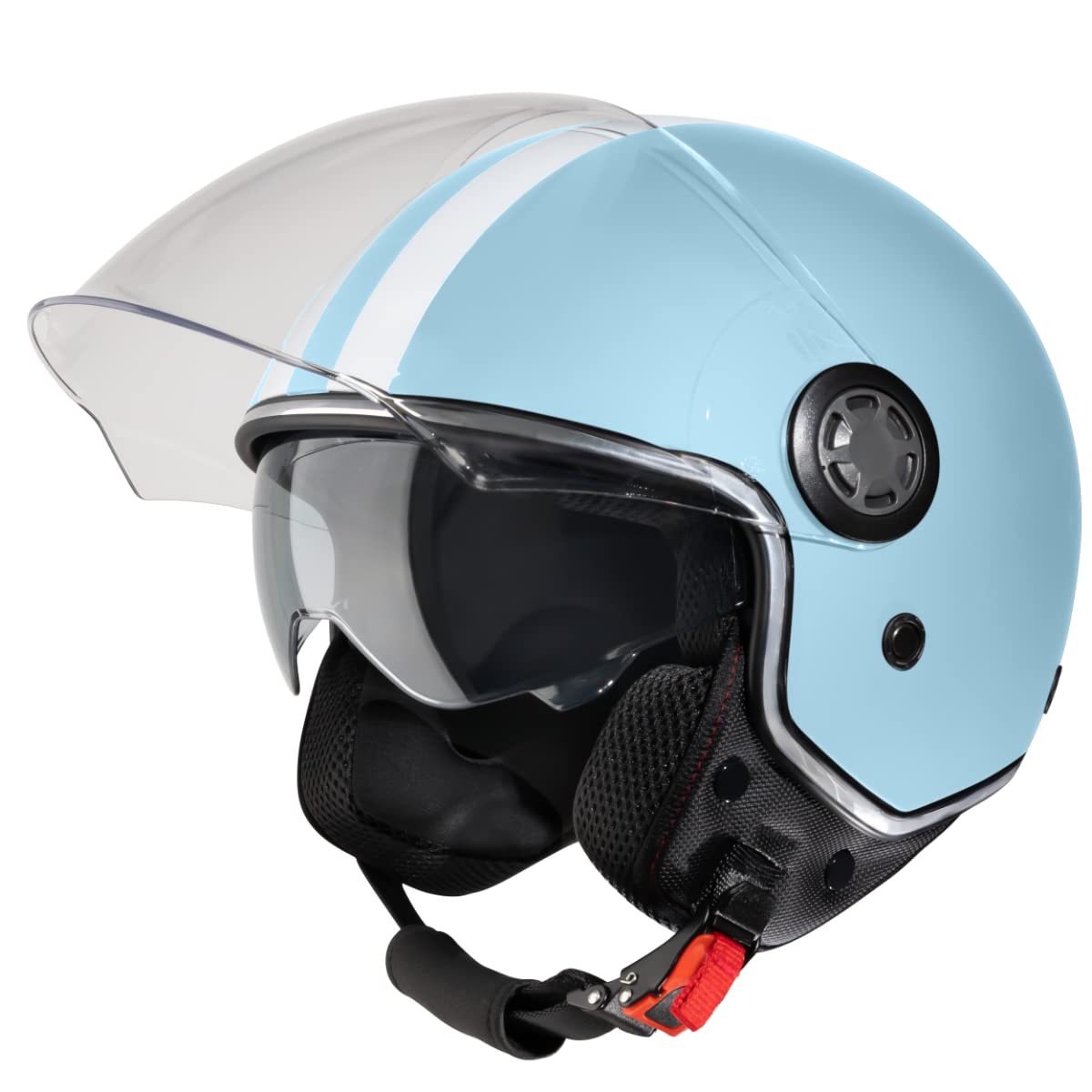 VINZ Parchi Jethelm mit Doppelvisier | Roller Helm Fashionhelm mit Streifen | In Gr. XS-XXL | Jet Helm mit Sonnenblende | ECE 22.06 Zertifiziert | Motorradhelm mit Visier - Hellblau von Vinz