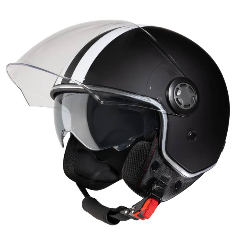 VINZ Parchi Jethelm mit Doppelvisier | Roller Helm Fashionhelm mit Streifen | In Gr. XS-XXL | Motorradhelm mit Sonnenblende | ECE 22.06 Zertifiziert - Mattschwarz von Vinz