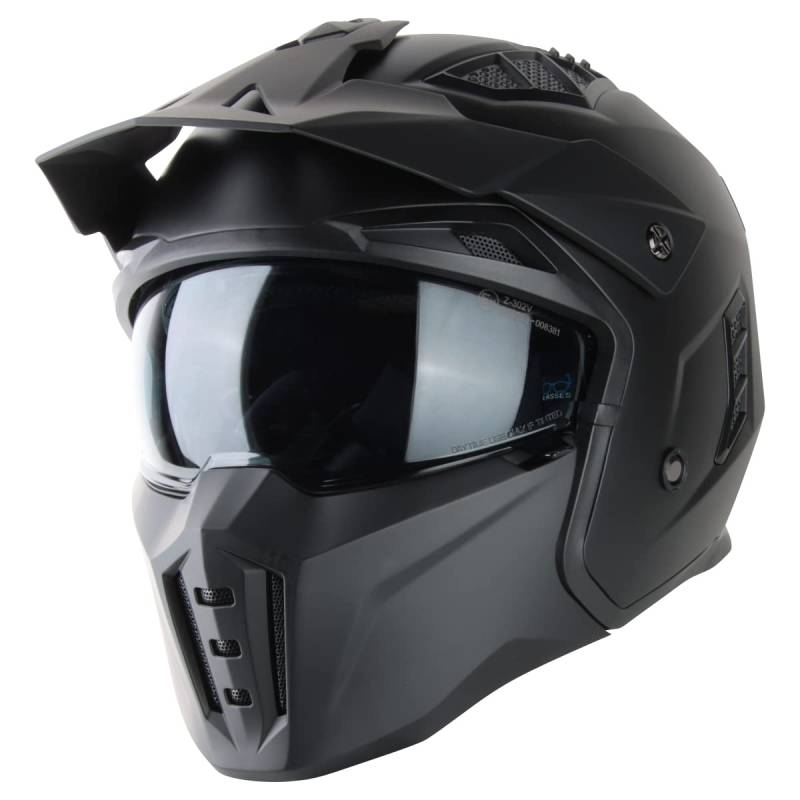 VINZ Kioto Jethelm / Streetfighter Helm | ECE 22.06 zugelassen | Motorradhelm | Rollerhelm mit Sonnenvisier / Sonnenblende | Jet Helm Mit abnehmbarem Kinnschutz - Matt Schwarz von Vinz