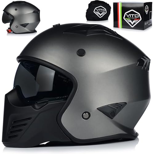 Jet Helm mit Sonnenblende | VITO BRUZANO | Rollerhelm Trial Helm | ECE 22.06 Zertifiziert | Motorradhelm mit abnehmbarem Kinnriemen (XL (60cm)) von Vito