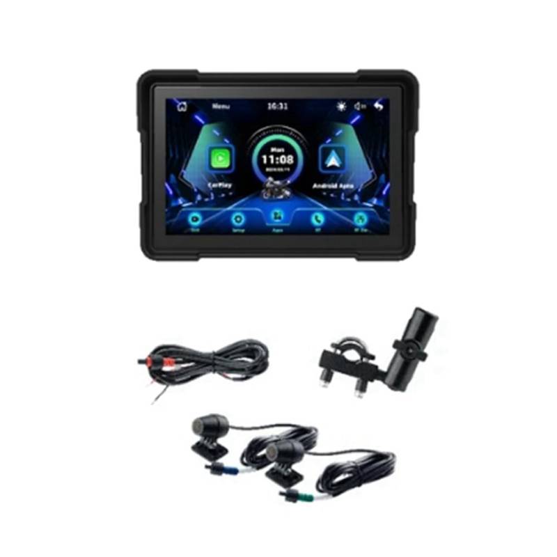 Vocdikficy Kabelloses CarPlay Motorrad Android Auto 5 Motorrad GPS Navigation Wasserdicht Dual BT Dual CAM Recorder B von Vocdikficy