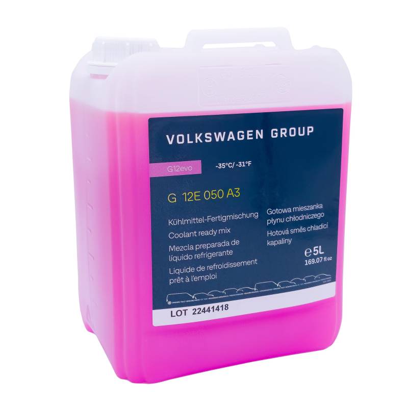 Volkswagen G12E050A3 Kühlflüssigkeit G12evo Kühlmittel Fertigmischung Coolant Ready Mix Kanister, 5 Liter von Volkswagen