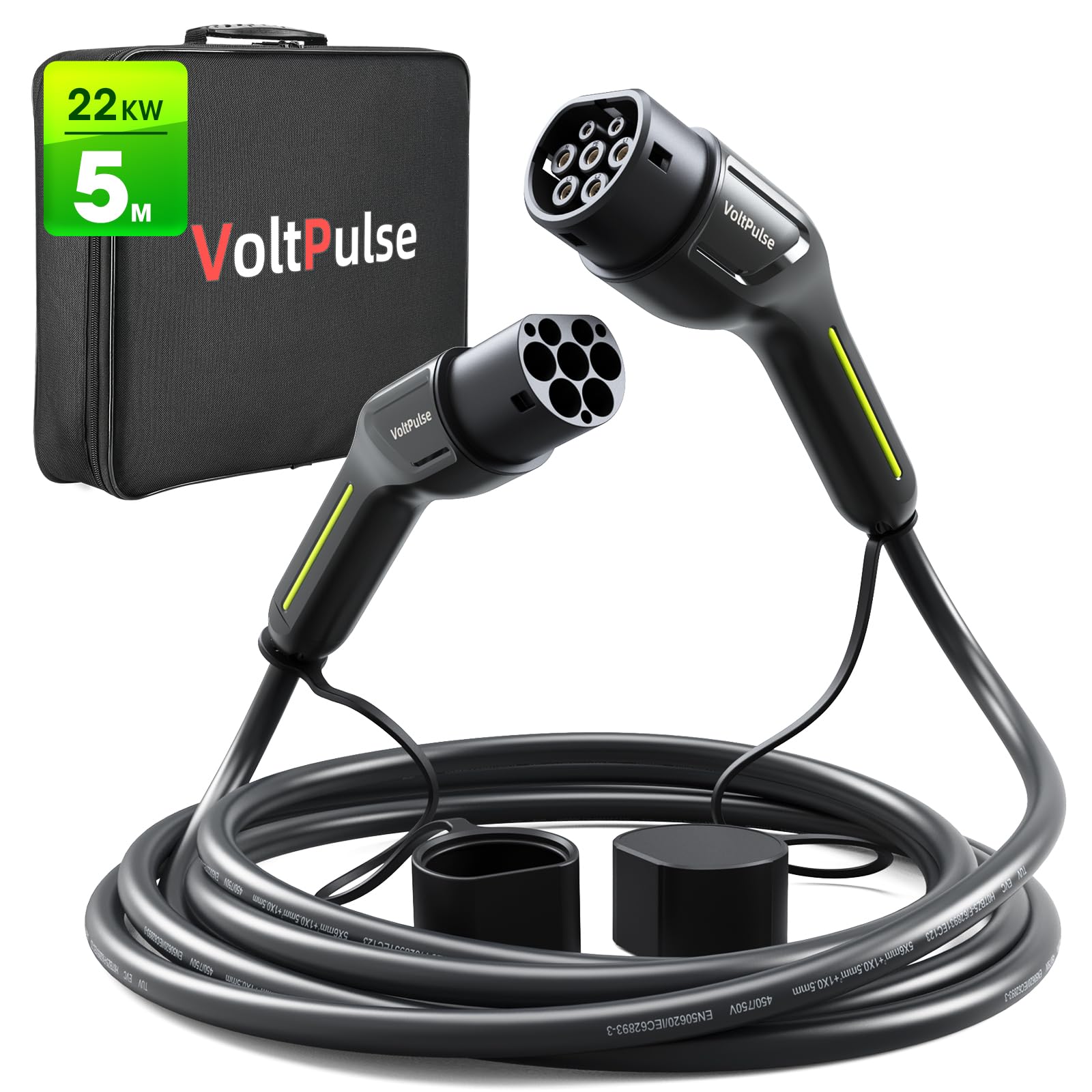 VoltPulse Typ 2 Ladekabel für Elektroautos, 22 kW 32 A, dreiphasig, 5 m EV/Elektrofahrzeug und Hybrid, wiederaufladbar, Typ 2 auf Typ 2, mit Tragetasche, kompatibel mit Modell 3 Zoe e-Tron von VoltPulse