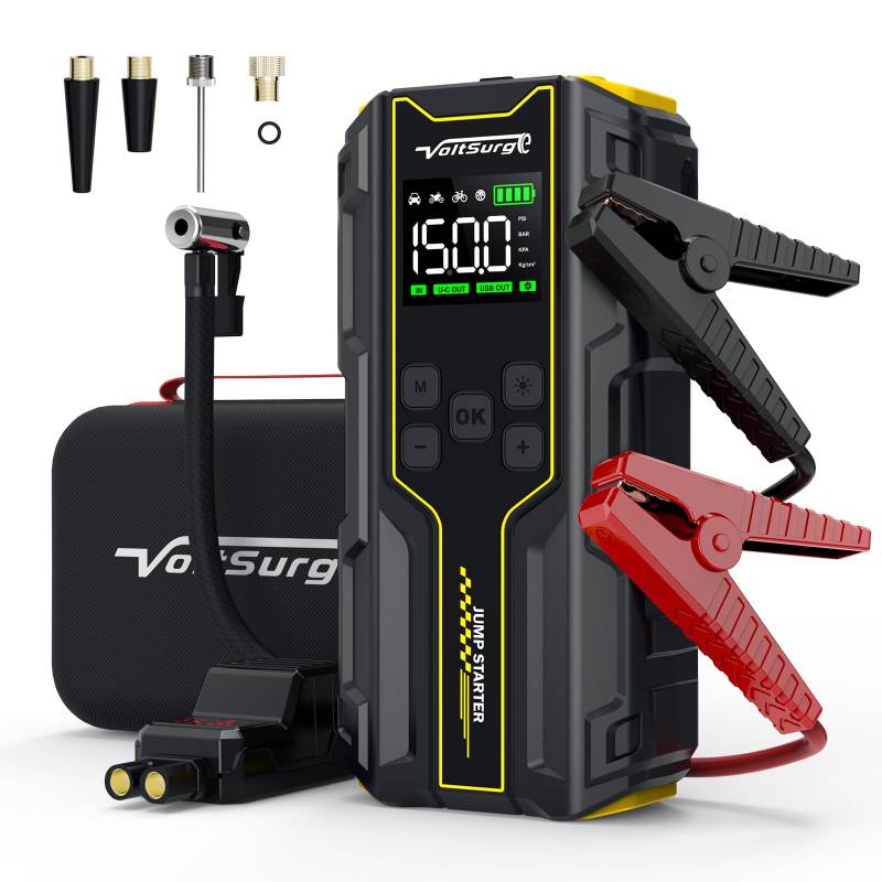 VoltSurge Starthilfe Powerbank mit Kompressor, 150PSI 5000A Auto Starthilfe Powerbank, 12V Booster Auto Starthilfe Jump Starter(für 10.0L Benzin und 8.0L Dieselmotor) mit LED-Licht von VoltSurge