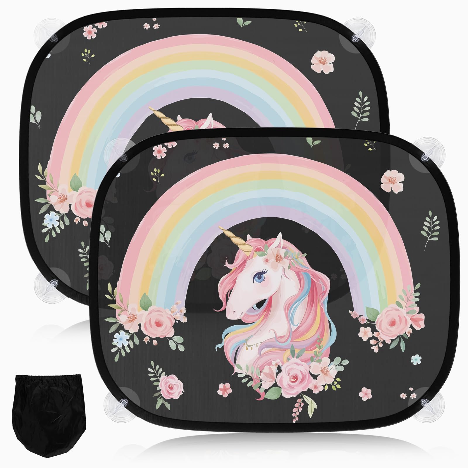 2 Stück Sonnenschutz Auto Baby mit UV Schutz, Sonnenblende Auto Kinder 45x36.5 cm mit 8 Saugnäpfen und Süßen Tier (Regenbogen Einhorn) von Vuletc