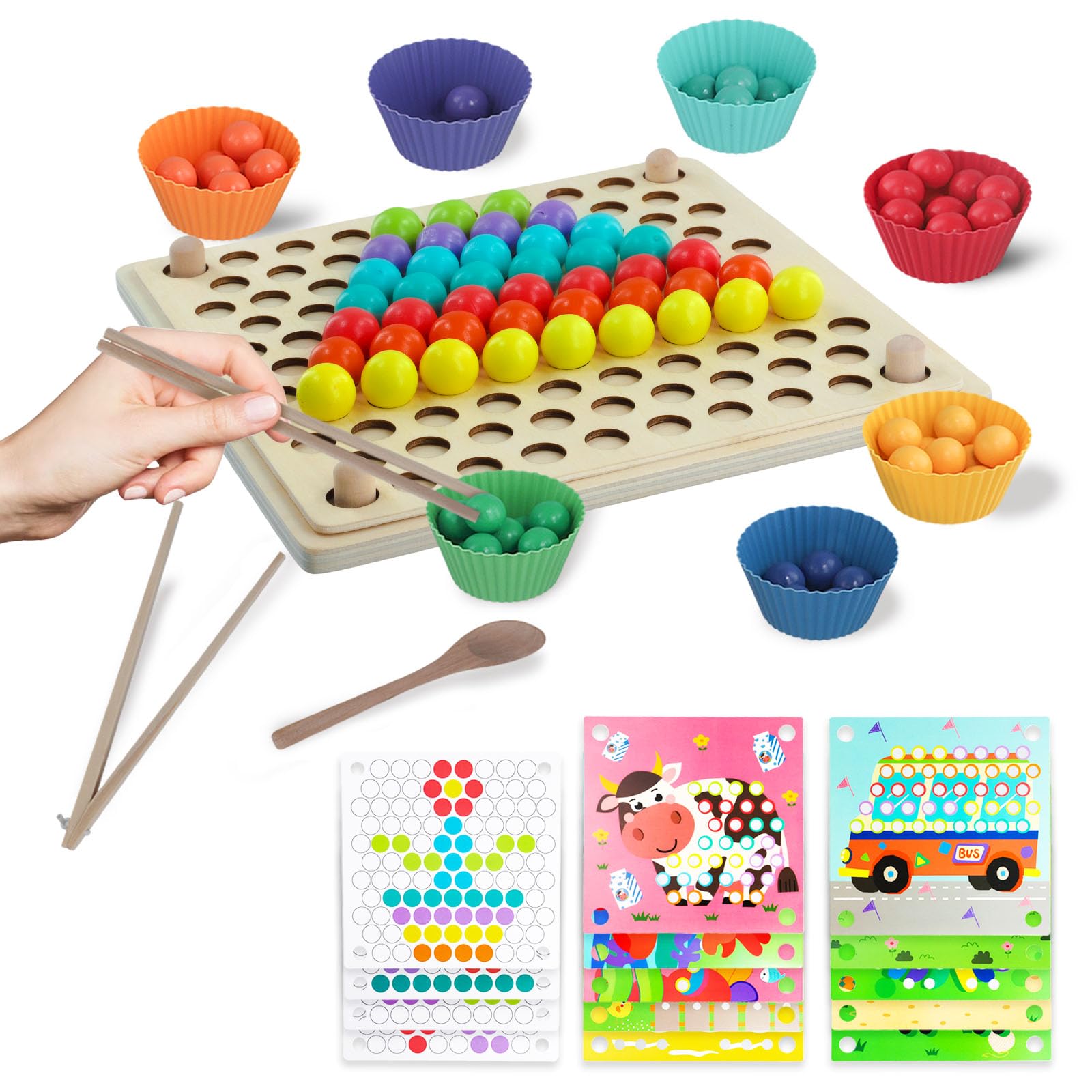 Vusddy Montessori Lernspielzeug aus Holz für Kinder ab 3 Jahre, Holz Clip Beads Brettspiel, Farben Sortierspiel Regenbogen Puzzlespiel für Vorschule, Geschenk für Mädchen und Jungen von Vusddy