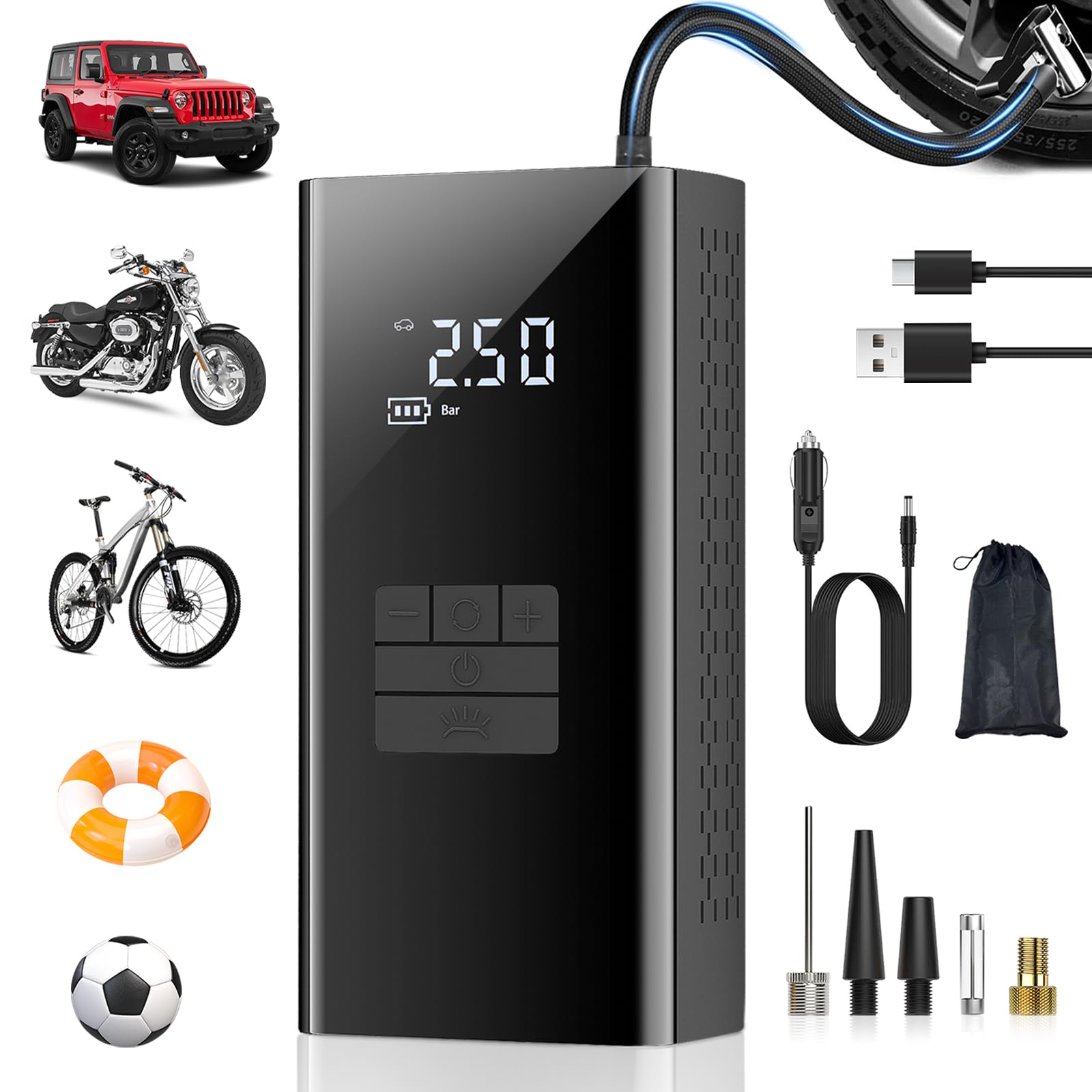 Elektrische Luftpumpe Akku 6000mAh, 150PSI Akku Luftpumpe Fahrrad Elektrisch für Auto, Motorrad, Bälle, Akku Kompressor Auto Luftpumpe Elektrisch mit USB/LED-Licht, als Taschenlampe und Powerbank Elektrische Luftpumpe Akku 6000mAh, 150PSI Akku Luftpumpe Fahrrad Elektrisch für Auto, Motorrad, Bälle, Akku Kompressor Auto Luftpumpe Elektrisch mit USB/LED-Licht, als Taschenlampe und Powerbank von Vyzlix