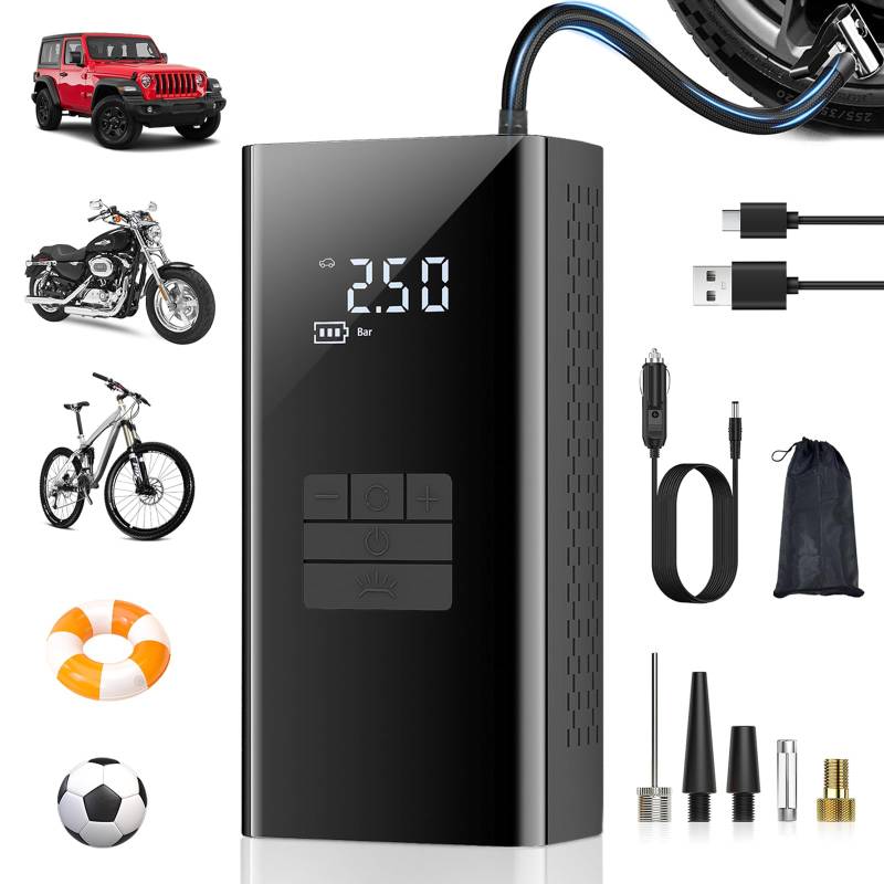 Elektrische Luftpumpe Akku 6000mAh, 150PSI Akku Luftpumpe Fahrrad Elektrisch für Auto, Motorrad, Bälle, Akku Kompressor Auto Luftpumpe Elektrisch mit USB/LED-Licht, als Taschenlampe und Powerbank von Vyzlix
