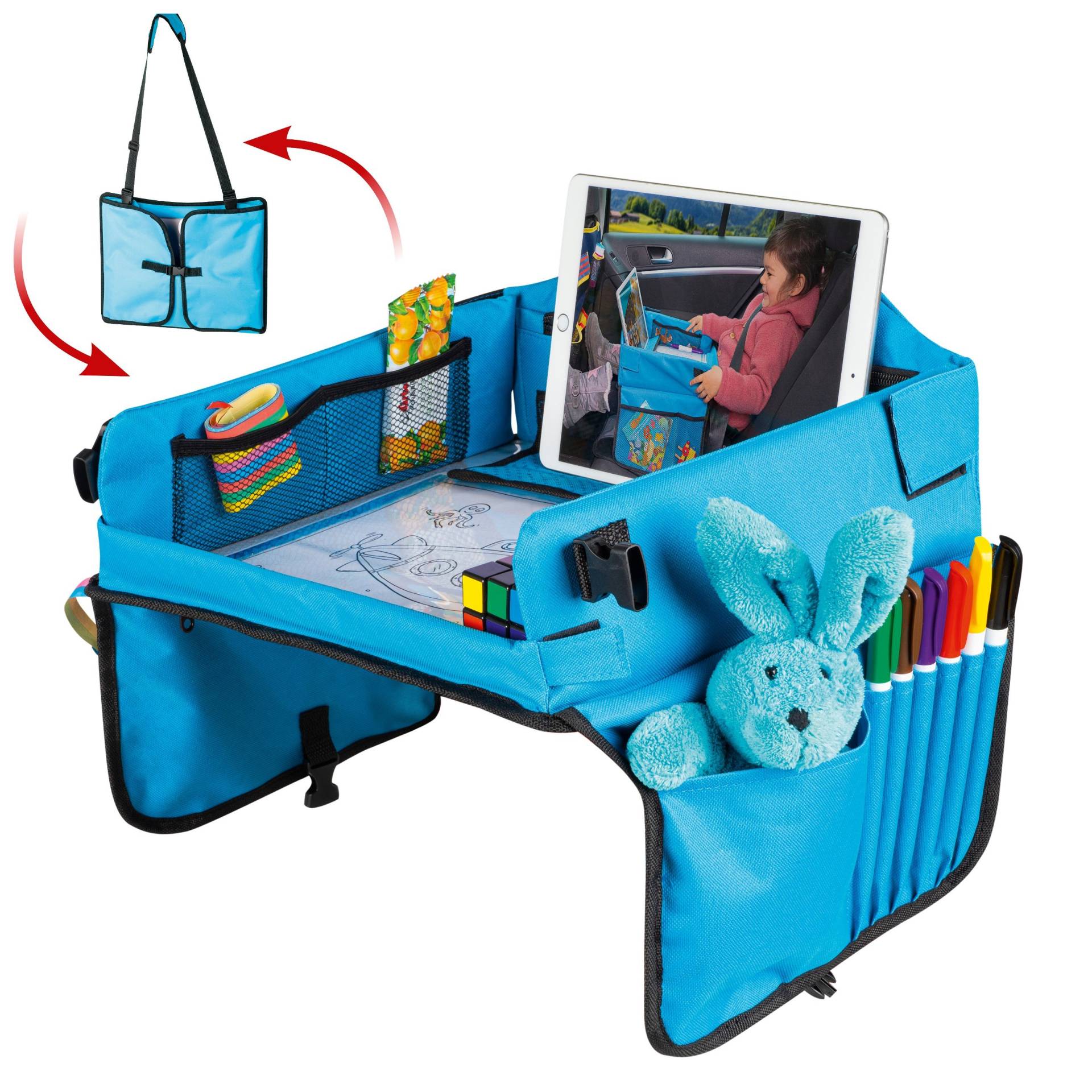Kinder-Reisespieltisch-Auto mit Tablethalterung blau von WALSER
