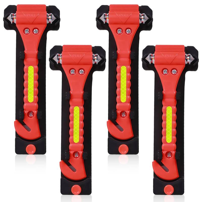 WANDGU 4 Stück Notfallhammer Auto: 2in1 Notfallhammer mit Gurtschneider, Nothammer Auto mit Trillerpfeife & Reflektor, Sicherheitshammer mit Gurtmesser fürs Auto, Bus, PKW von WANDGU