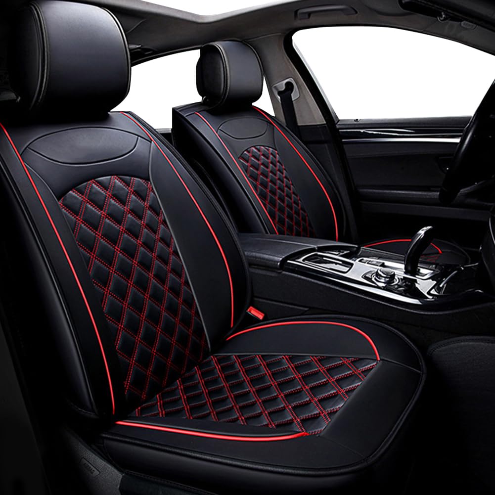 WANGIRL Sitzbezüge Auto Vordersitze 2 Stück, Autositzbezüge Leder Universal Set, Kompatibel mit Den Meisten Limousinen und SUV (Schwarz Rot) von WANGIRL