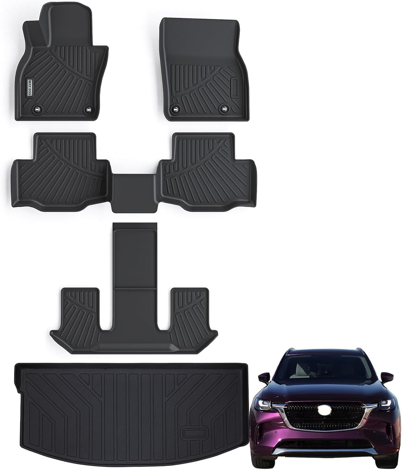 WAYIDSS Fußmatten 3 Reihen & Cargo Liner für 2024 Mazda CX-90 6 & 7 Sitze (beide passen CX90 mit und ohne 2. Reihe Konsole), TPE, Allwetterschutz, Auto-Bodeneinlagen & Kofferraummatte, Zubehör, von WAYIDSS
