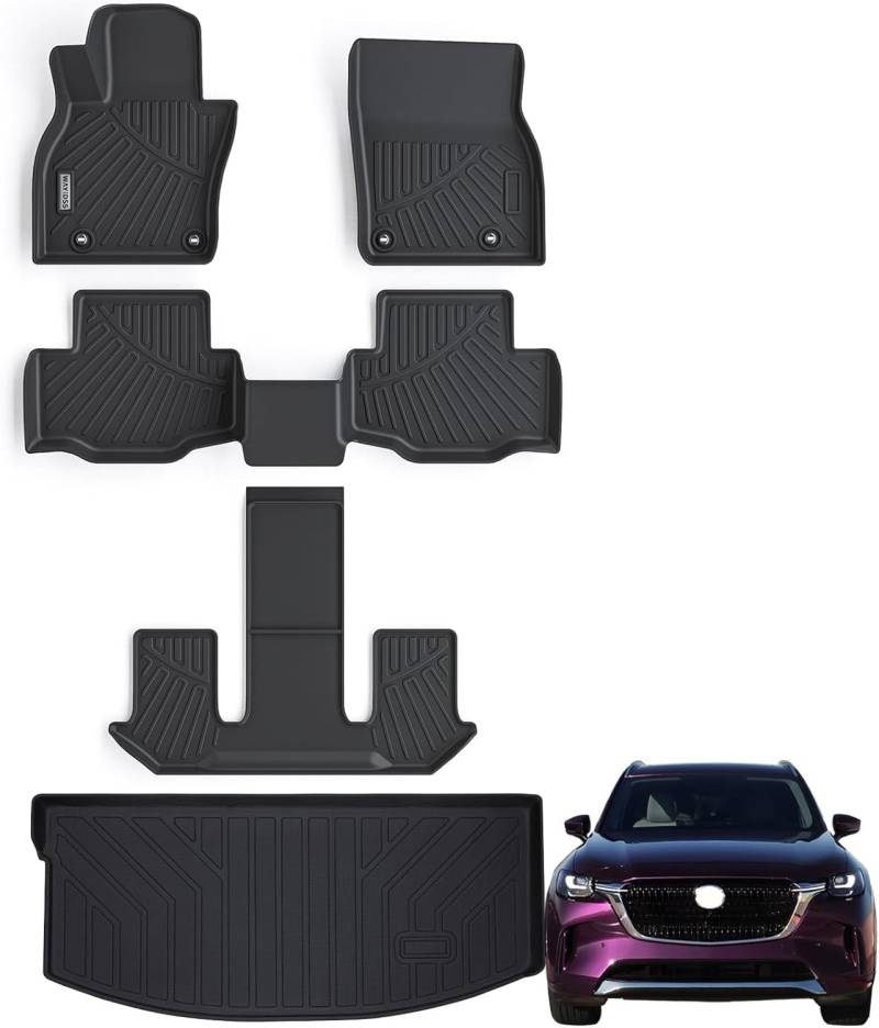 WAYIDSS Fußmatten 3 Reihen & Cargo Liner für 2024 Mazda CX-90 6 & 7 Sitze (beide passen CX90 mit und ohne 2. Reihe Konsole), TPE, Allwetterschutz, Auto-Bodeneinlagen & Kofferraummatte, Zubehör, von WAYIDSS