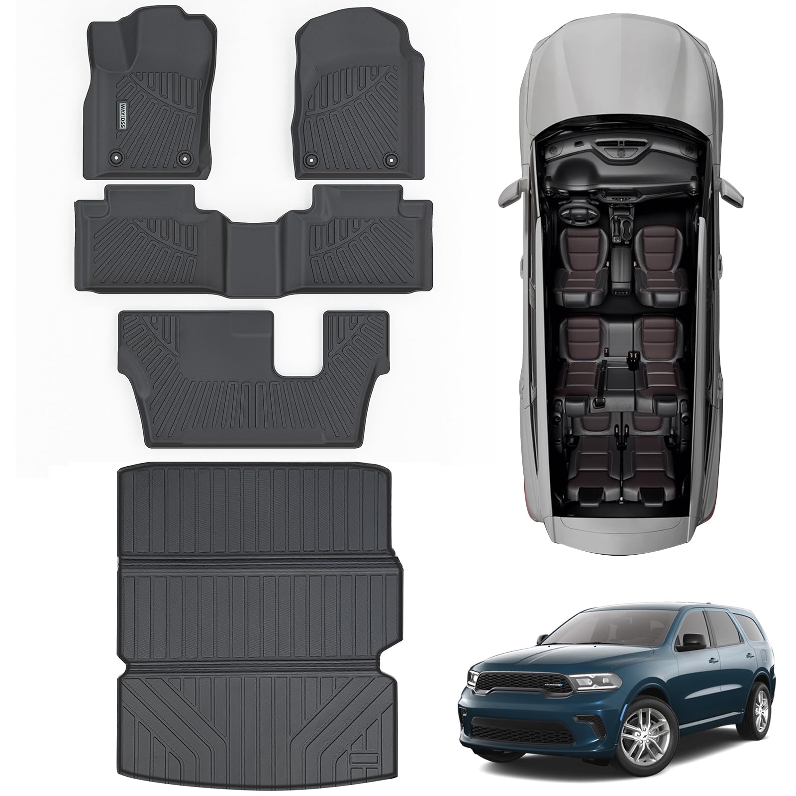 WAYIDSS Fußmatten und Kofferraummatte für Dodge Durango, 2. Reihe (nur passend für 7 Sitze), TPE Allwetterschutz, 3-reihig, Auto-Bodeneinlagen mit großen Kofferraumwannen von WAYIDSS