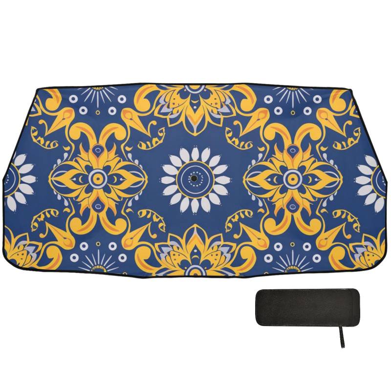 Faltbarer Auto-Sonnenschirm, gelb-blau, gemustert, Bohemian-Blumenmuster, blockiert Hitze, faltbar, für Damen, Reflektor, Zubehör für Autos von WDdZzyy