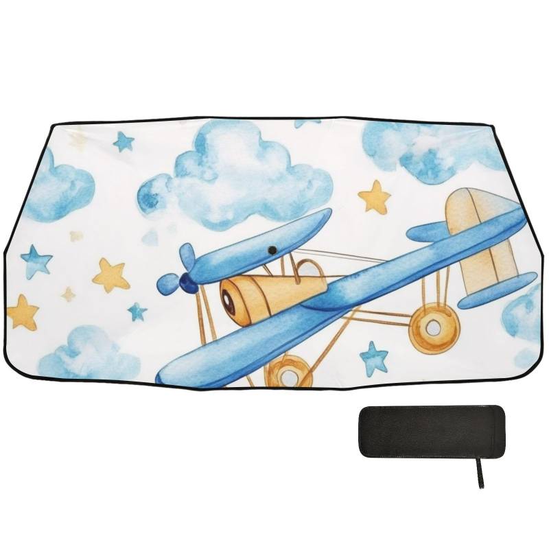 Sonnenblende mit niedlichem blauem Flugzeug und Sternen, für Auto, Windschutzscheibe, faltbarer Organizer, UV-Regenschirm, Schutz de sol para carro von WDdZzyy