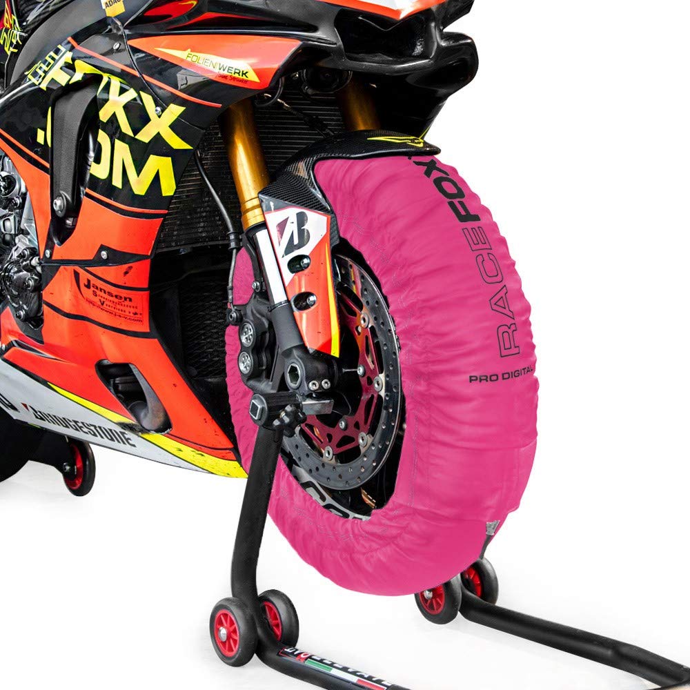 RACEFOXX PRO DIGITAL Reifenwärmer Tyre Warmers bis max. 99° C SUPERBIKE, 120/17 vorne und 180 bis 200/17 hinten für Motorrad Rennsport Heizdecken pink von WE ARE RACING. RACEFOXX.COM