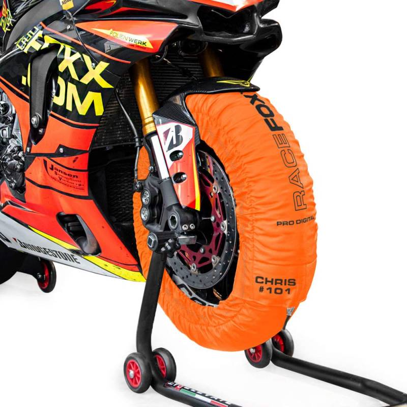 RACEFOXX PRO DIGITAL Reifenwärmer Tyre Warmers bis max. 99° C SUPERBIKE, 120/17 vorne und 180 bis 200/17 hinten für Motorradreifen Rennsport Heizdecken orange von WE ARE RACING. RACEFOXX.COM