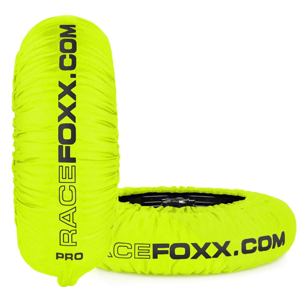 RACEFOXX PRO Reifenwärmer Tyre Warmers 80/100° C Heiztemperatur SUPERBIKE, 120/17 vorne und 180 bis 200/17 hinten, neon gelb Heizdecken Rennsport Motorrad von WE ARE RACING. RACEFOXX.COM