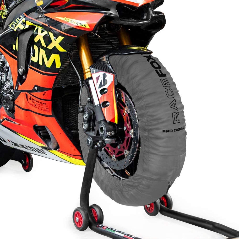 RACEFOXX PRO DIGITAL Reifenwärmer Tyre Warmers bis max. 99° C SUPERBIKE, 120/17 vorne und 180 bis 200/17 hinten für Motorrad Rennsport Heizdecken grau von WE ARE RACING. RACEFOXX.COM
