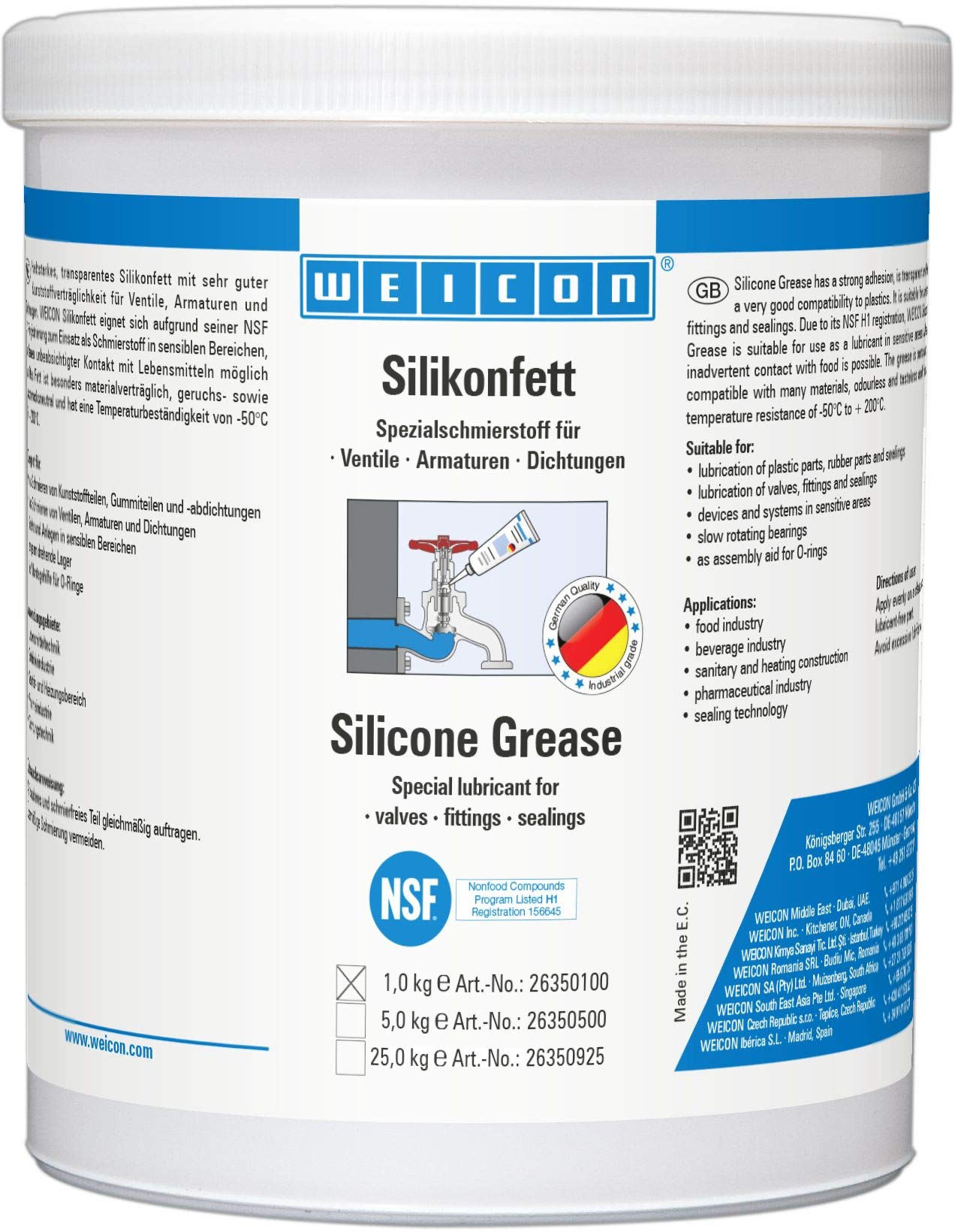 WEICON 26350100 Silikonfett 1 kg, Schmierstoff für Ventile, Armaturen und Dichtungen von WEICON