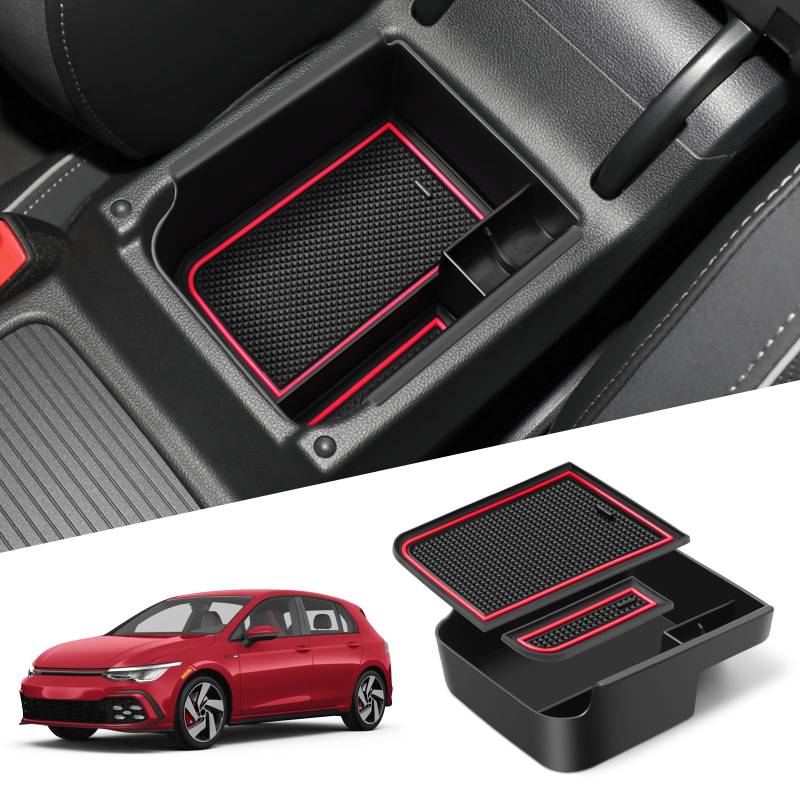 WEIPIN Kompatibel mit VW Golf 8, MK8 GTI GTD GTE 2020/2021/2022/2023/2024/2025 Mittelkonsole Handschuhfach Armlehne Golf 8 Multifunktionaler Aufbewahrungsbox Zubehör(Rot) von WEIPIN