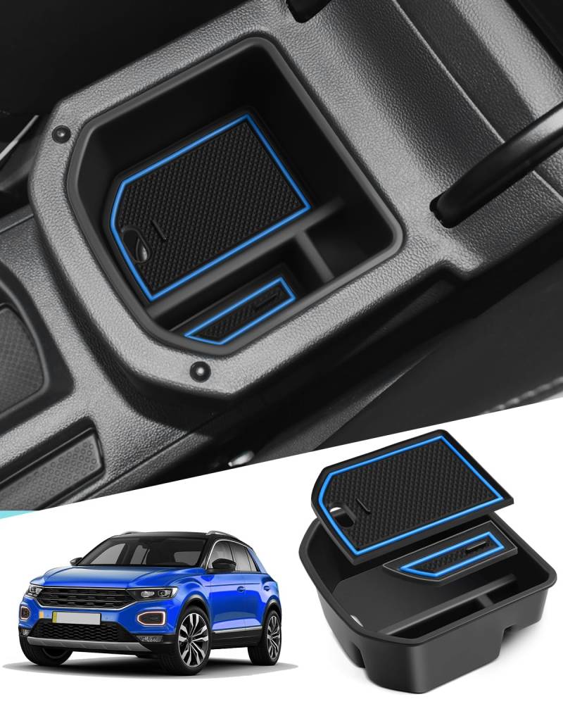WEIPIN Kompatibel mit VW T-Roc 2018-20221 2022 2023 2024 2025 Mittelkonsole Handschuhfach Armlehne Multifunktionaler Aufbewahrungsbox T roc Zubehör(Blau) von WEIPIN