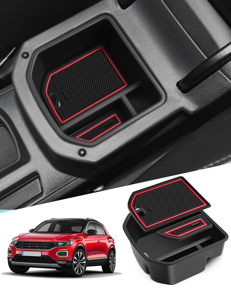 WEIPIN Kompatibel mit VW T-Roc 2018-20221 2022 2023 2024 2025 Mittelkonsole Handschuhfach Armlehne Multifunktionaler Aufbewahrungsbox T roc Zubehör (Rot) von WEIPIN