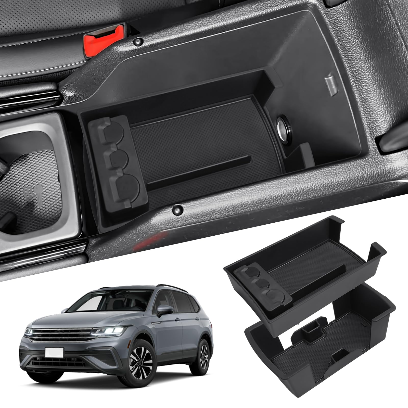 WEIPIN Kompatibel mit VW Tiguan 3 2024 2025 2026 Mittelkonsole Handschuhfach Armlehne, Installation mit 2 Original Partitionen Mittelarmlehne Aufbewahrungsbox Innenr Zubehör [2 Stück] von WEIPIN