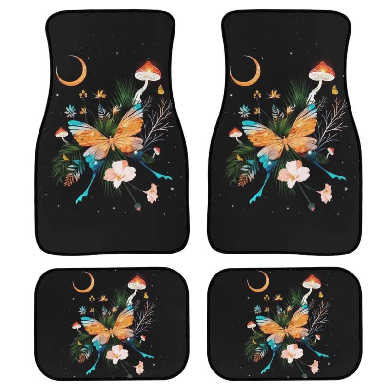 WELLFLYHOM 4 Stück Auto Fußmatten Mond Stern Schmetterling Autozubehör für Frauen niedliches Automatten komplettes Set, Pilz Auto vorne hinten Bodenschutz Teppichmatten Fußpolster Universal Passform von WELLFLYHOM