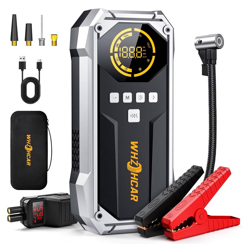 Starthilfe Powerbank mit Kompressor mit 26800mAh 6000A Spitzenleistung150PSI Kompressor mit LCD Bildschirm, Tragbare Starter Powerbank mit LED Taschenlampe von WHZOHCAR