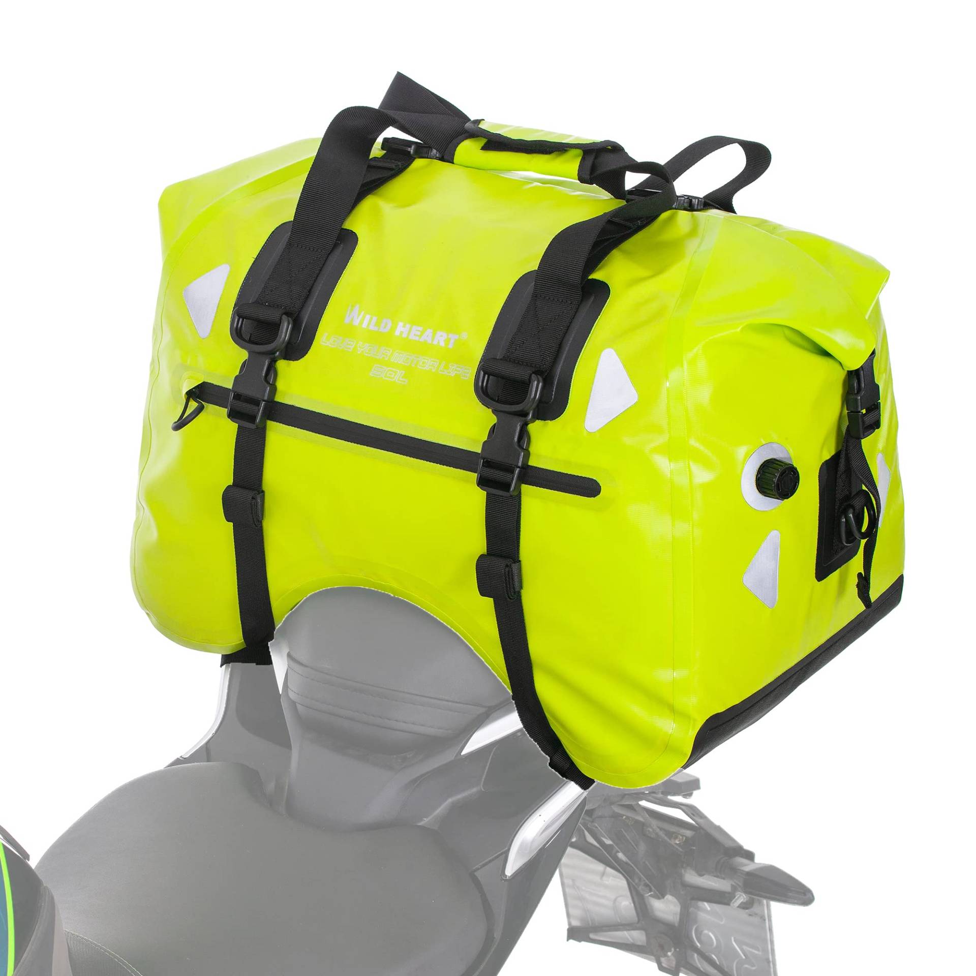 WILD HEART 50L U-Förmige wasserdichte Motorrad Hecktasche - Gepäckrolle & Gepäck für Motorräder, Sicher und Geschützt für Ihre Ausrüstung (Fluoreszierendes Grün) von WILD HEART