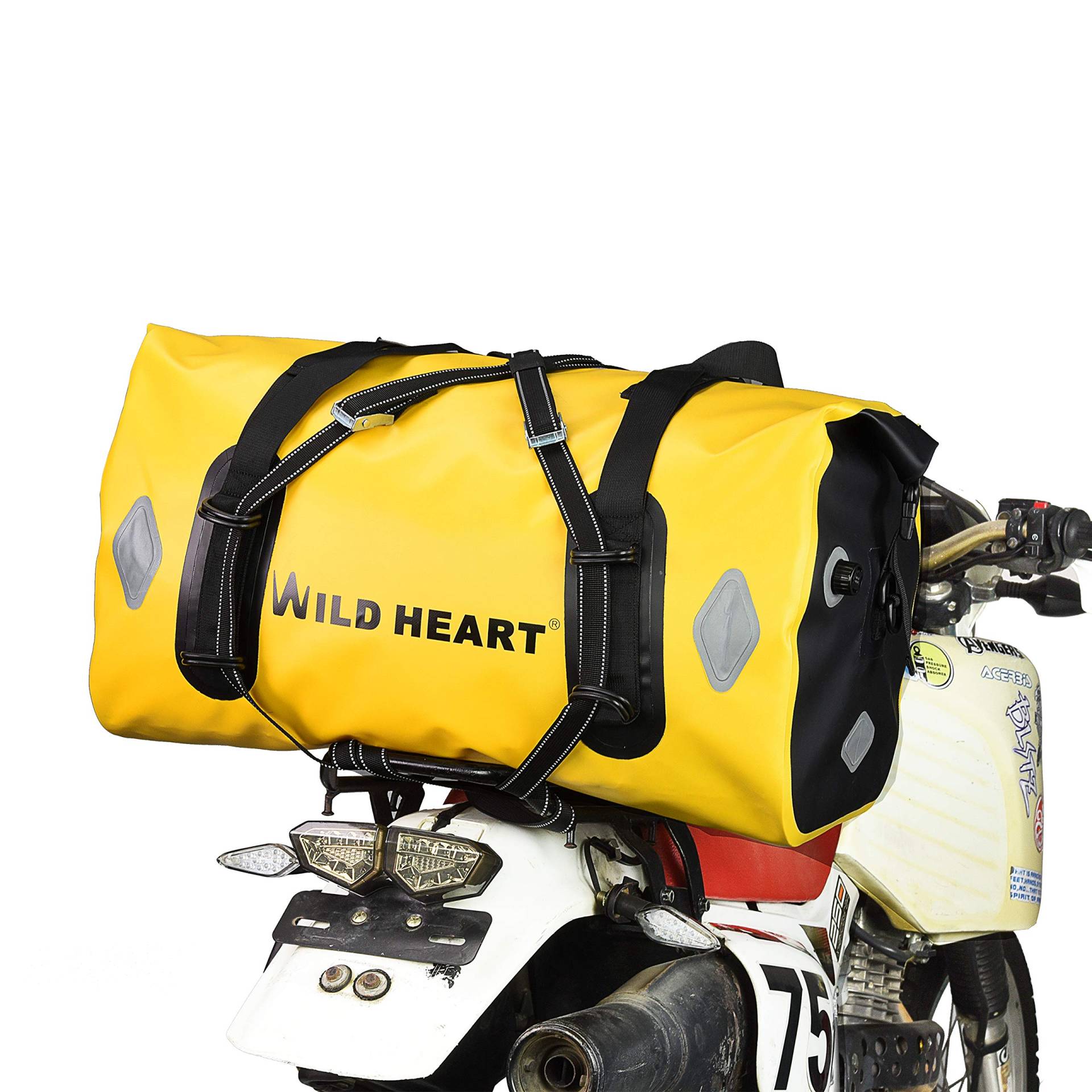 WILD HEART 55L 66L 77L Motorradtasche Reisetasche für Reisen, Motorradfahren, Radfahren, Wandern, Camping(66L gelb) von WILD HEART